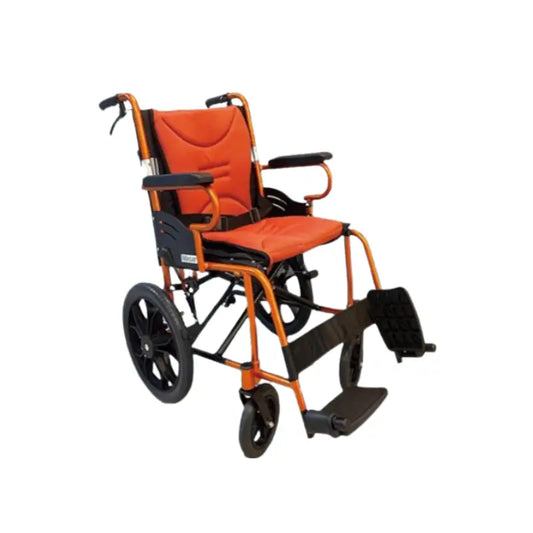 Ergonomic orange lightweight wheelchair with black accents, featuring a durable alloy frame, padded seat, armrests, and footrests, designed for long-term comfort and ease of mobility. 