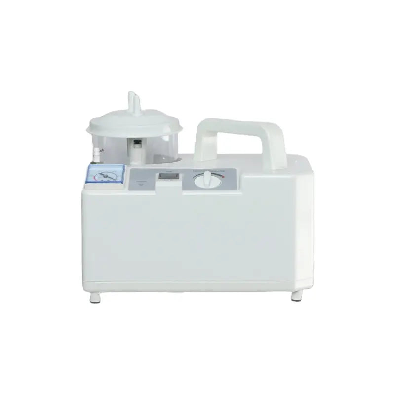 A portable white suction machine, model 7E-A, featuring a compact design with a handle for easy transport. The device includes a clear suction canister and a control dial for adjusting suction intensity, commonly used in medical settings for airway clearance and fluid removal. Ideal for home healthcare or clinical use.