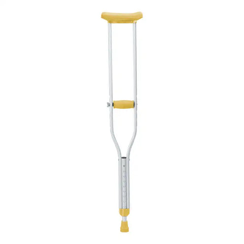 The image shows a standard aluminum crutch designed for mobility support. It features an adjustable height mechanism to accommodate different user sizes and a padded underarm rest for comfort. The crutch is equipped with a contoured handle for a secure grip and a non-slip rubber foot to ensure stability and safety during use. The bright yellow accents on the handle and underarm pad not only add a visual appeal but also enhance visibility, making it a practical choice for those needing walking assistance.
