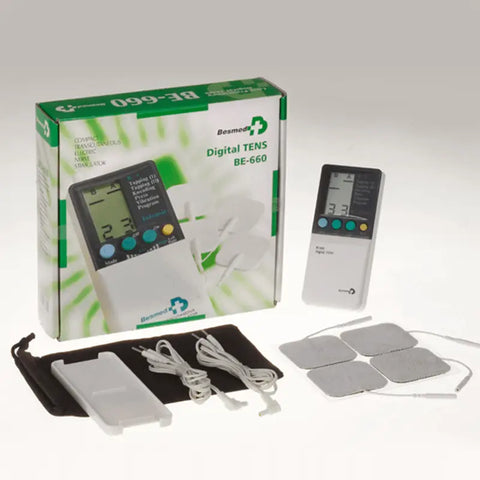 A complete set of the Besmed Digital TENS BE-660 pain treatment machine, including the device, connecting cables, adhesive electrode pads, and a storage pouch. The packaging is displayed in the background, showcasing the device's features such as multiple stimulation modes and adjustable intensity. The set is designed for effective pain relief and muscle stimulation, suitable for personal or clinical use.