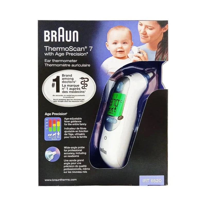 The packaging is black with a picture of a smiling baby being attended to by an adult female, presumably the mother, who is using the thermometer. The Braun logo is prominently displayed, along with the product name and a claim that it's the number one brand among doctors. Key features listed include age-adjustable fever guidance and a wide-angle probe for professional accuracy, particularly in newborns. The displayed temperature on the thermometer screen is 37.0°C