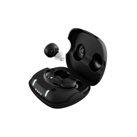 Health Company EA-6036 Invisible Rechargeable Hearing Aid in black, with open charging case showing one earpiece outside and LED indicators, designed for discreet auditory assistance.