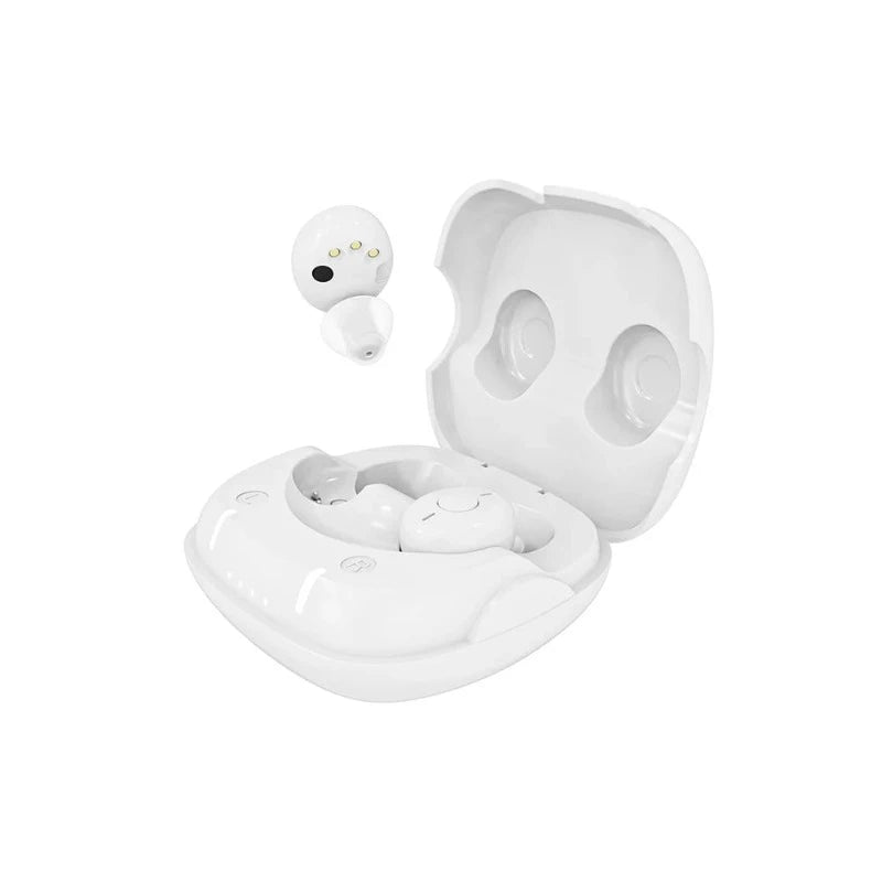 Health Company EA-6036 Invisible Rechargeable Hearing Aid in white, featuring one earpiece levitated above a rounded charging case with visible LED indicators, for discreet hearing enhancement.