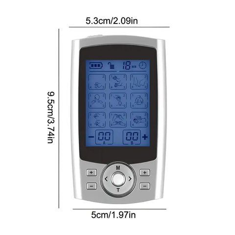 Frontal view of a TENS (Transcutaneous Electrical Nerve Stimulation) machine with a large LCD screen displaying various massage modes, measurements indicating a width of 5 cm (1.97 inches) and a height of 9.5 cm (3.74 inches).