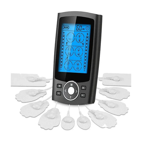 Digital TENS (Transcutaneous Electrical Nerve Stimulation) device with a large LCD screen displaying 24 massage modes, accompanied by eight white electrode pads with wires.