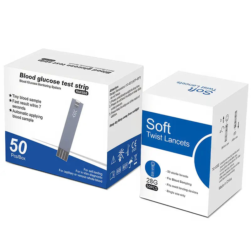 The image shows two boxes of diabetic supplies: one larger box containing 50 blood glucose test strips and a smaller box with 50 soft twist lancets, gauge size 28G for blood sampling. The test strip box highlights features like suitability for tiny blood samples, fast results within 7 seconds, and compatibility with capillary whole blood. Both products are presented in white and blue packaging with clear labeling and instructions.