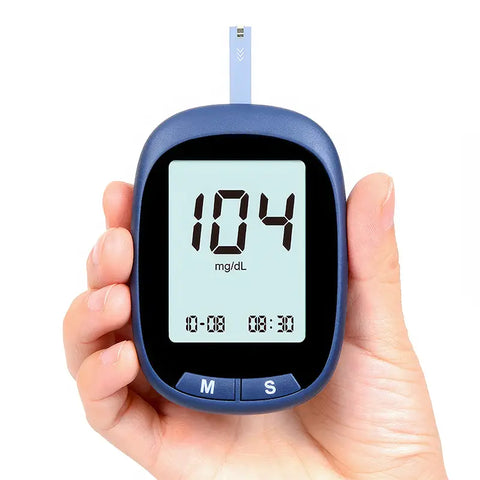  The image likely displays a hand-held blood glucose meter with a digital display showing a blood sugar reading of 104 mg/dL, buttons labeled with 'M' and 'S', and a testing strip inserted on top.