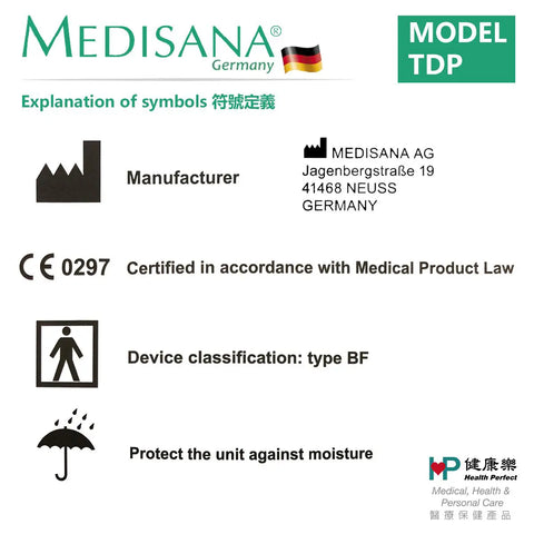 A Medisana TDP model packaging image showing explanations of medical device symbols, such as CE certification, device classification, and protection against moisture. The German and English translations are displayed alongside the manufacturer's details.