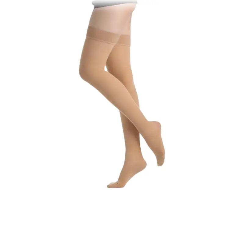 A pair of beige-colored medical-grade compression stockings designed to provide firm support, with a pressure range of 30-40 mmHg. The stockings extend from the toes up to the thigh, offering therapeutic benefits for improved blood circulation and relief from leg swelling or varicose veins.