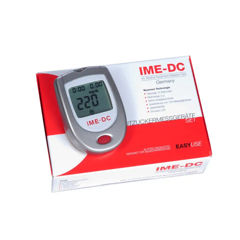 The device is compact and features a large, easy-to-read LCD screen displaying blood glucose levels. The packaging highlights its key features, including rapid measurement time, minimal blood sample requirement, memory storage for 100 measurements, and a large display for easy readability. The design emphasizes ease of use and accuracy, making it suitable for individuals who need to monitor their blood sugar levels regularly. 