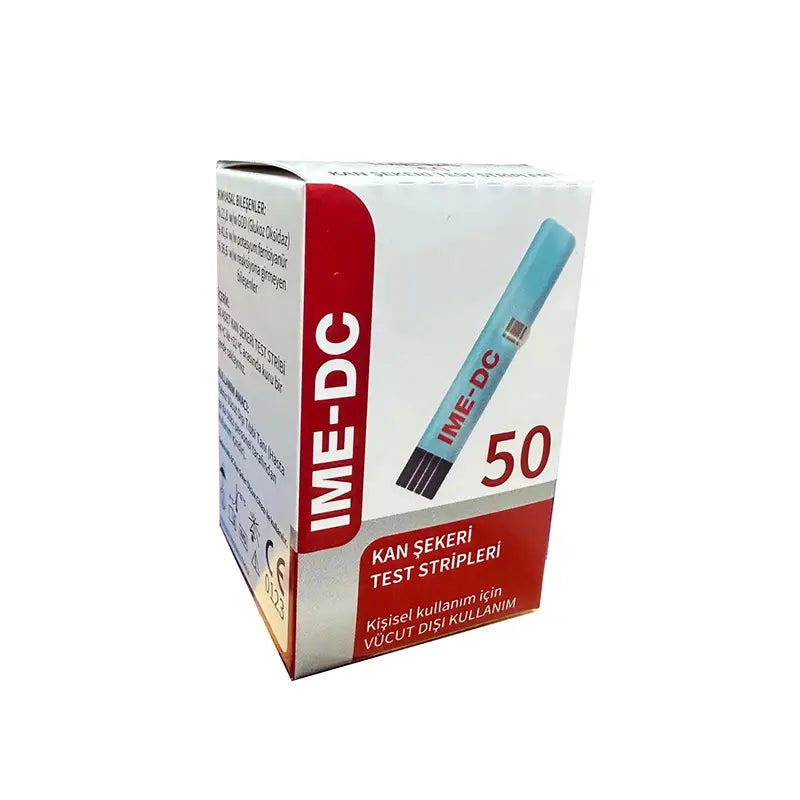 Image of a box of IME-DC blood glucose test strips, containing 50 strips for self-monitoring blood sugar levels. The box is white with red accents and features a picture of a test strip along with product information in multiple languages.