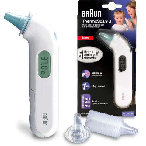  the Braun ThermoScan 3 (IRT3030) Ear Thermometer. The packaging highlights that it's a new, fast compact ear thermometer, the #1 brand among doctors. The product is displayed next to its packaging, which includes visual indicators for audio fever and comes with a set of disposable ear caps. The thermometer itself has a digital display showing a temperature reading.