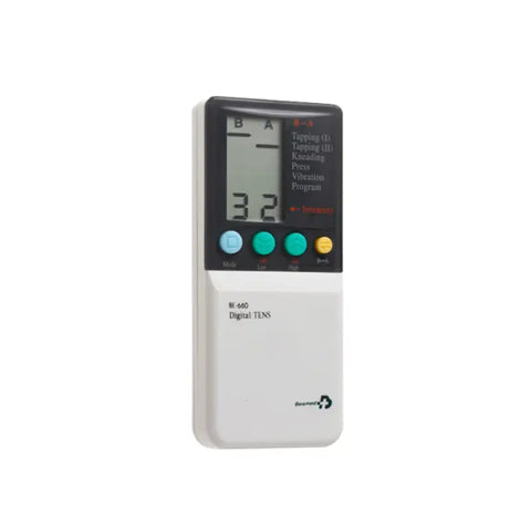 A digital TENS (Transcutaneous Electrical Nerve Stimulation) pain treatment device, model BE-660 by Besmed. The device features an LCD screen displaying intensity settings and mode options such as tapping, kneading, pressing, and vibration. The device has buttons for adjusting modes and intensity, designed for effective pain management and muscle stimulation. Ideal for personal or clinical use.