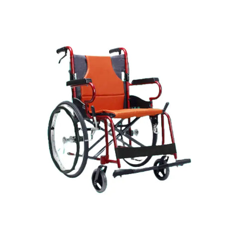  The wheelchair has large rear wheels and smaller front wheels for easy maneuverability. It includes adjustable armrests and footrests for user comfort. The design appears lightweight yet durable, making it suitable for various daily activities and medical needs. This wheelchair is designed to offer both comfort and functionality, ensuring safety and convenience for the user.