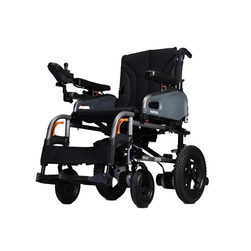 Black electric wheelchair with orange accents and adjustable armrests and backrest, designed for enhanced mobility and comfort.