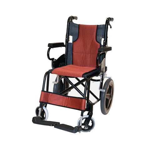A sturdy manual wheelchair with a red and black fabric seat, black frame, and large rear wheels.