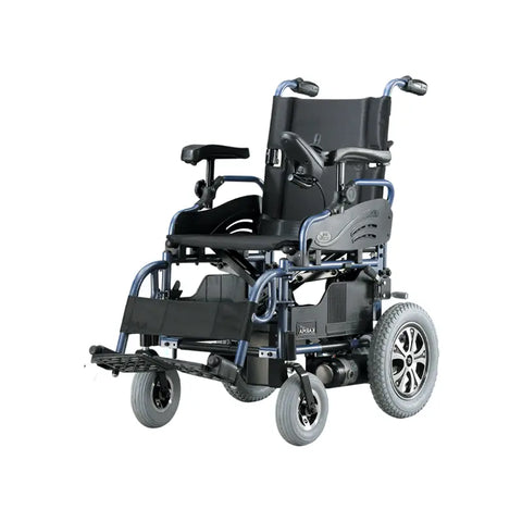 A heavy-duty, motorized wheelchair with a sturdy black and blue frame, designed for enhanced comfort and mobility. The wheelchair features a cushioned seat, armrests, and footrests, along with large rear wheels and smaller front wheels for smooth movement. Equipped with an electric motor, it offers easy maneuverability and control for users requiring powered assistance.