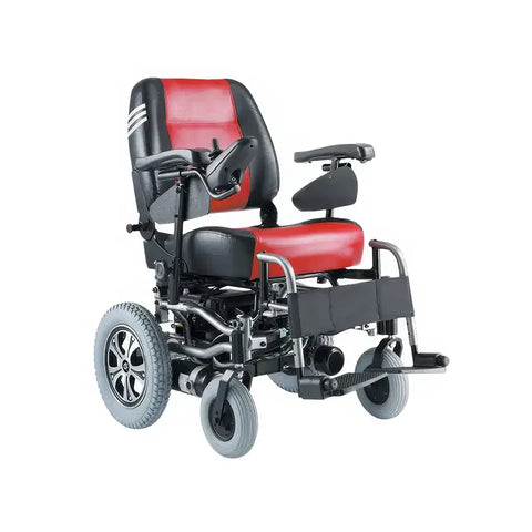 A red and black motorized wheelchair with sturdy tires, comfortable armrests, and a high-backed cushioned seat. It features a control joystick on the right armrest, adjustable footrests, and is designed for easy maneuverability and user comfort.