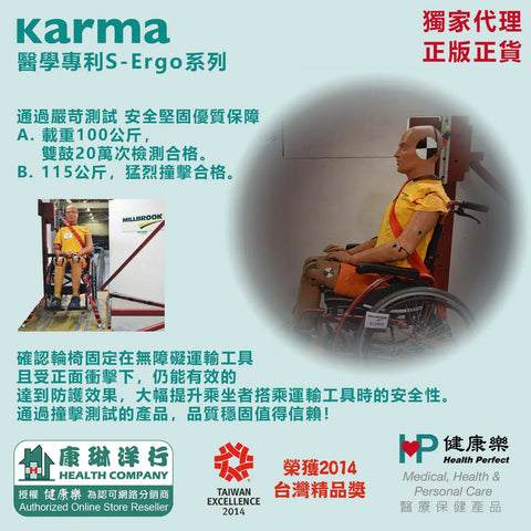 圖片顯示了Karma輪椅經過安全測試，包括100公斤承重和猛烈撞擊測試，保證使用者的安全和耐用性。