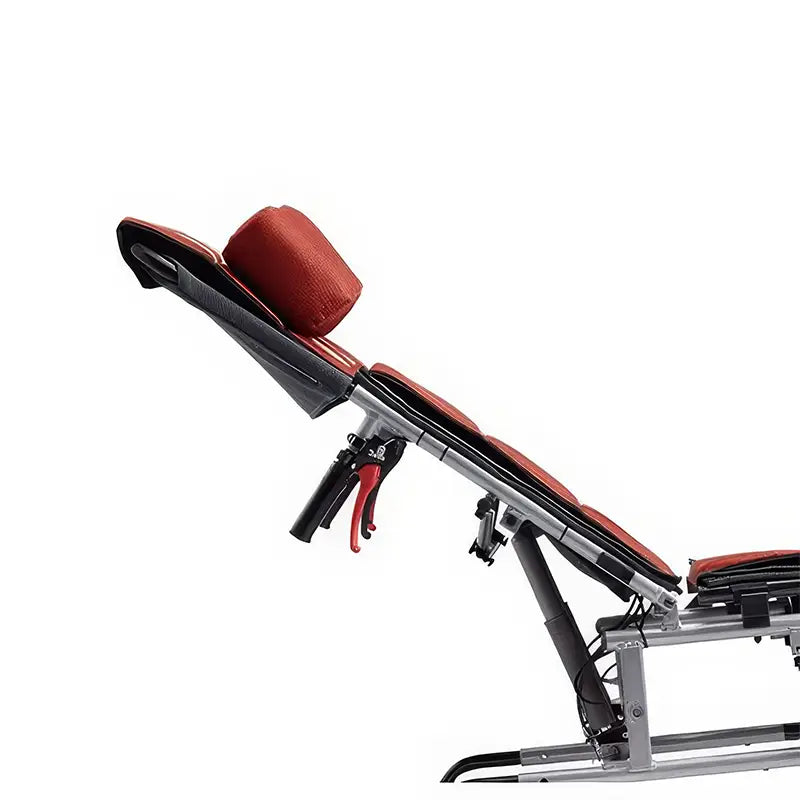 This image displays a close-up side view of the KM-5000 F14 wheelchair's adjustable backrest and headrest. The backrest is reclined, showing its flexibility to adjust to various angles for user comfort. The headrest is cushioned and adjustable, providing additional support for the user's head and neck. This feature enhances comfort, particularly for long-term use.
