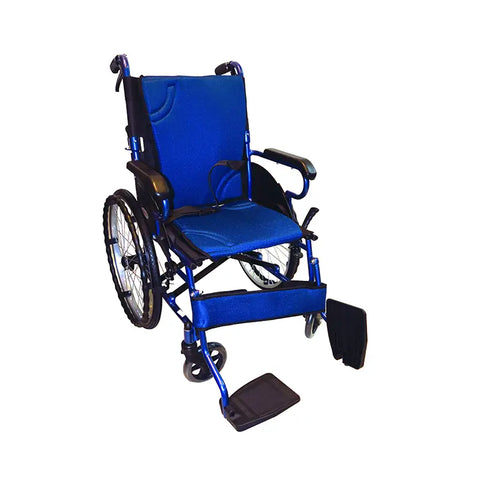 Masar Ma-39 ergonomic wheelchair in blue and black with cushioned seat and backrest, foldable footrests, large rear wheels, and smaller front wheels designed for mobility support