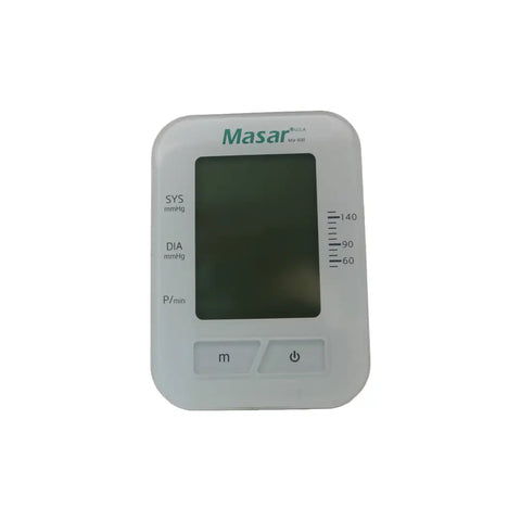  This image shows the side view of the Masar Ma-500 Electronic Blood Pressure Monitor. The device has a sleek, compact design, featuring a grey casing. On the back, it includes a DC6V power input port and icons indicating power and other functional details. This view highlights the device's ergonomic design, making it user-friendly and easy to handle.