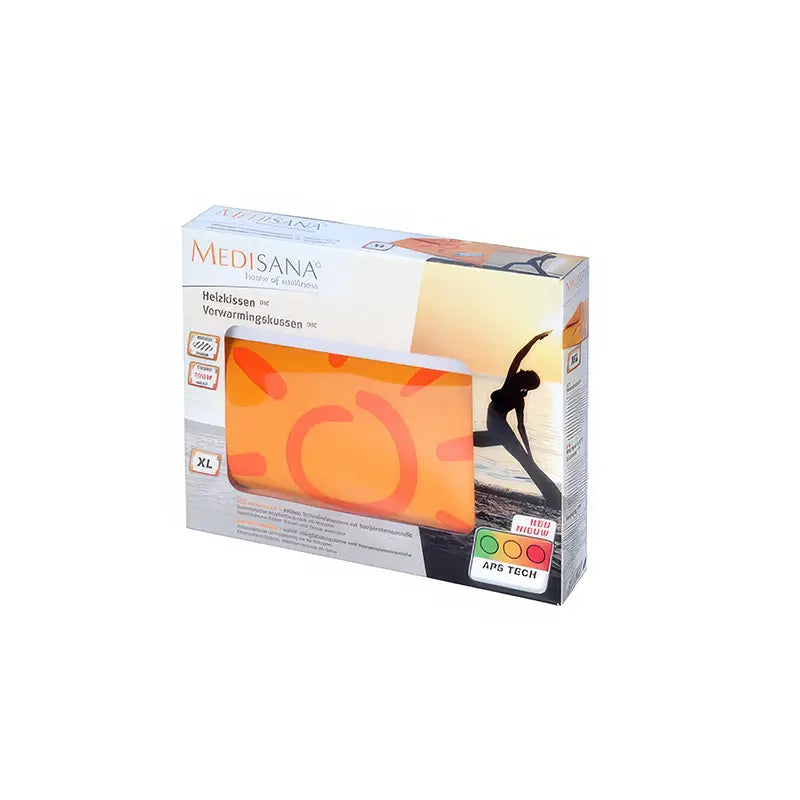 This image shows the packaging of the MEDISANA-Wellness electric heating pad. The box is mostly white with a window displaying the orange heating pad inside, which features a sun design with wavy lines. The packaging also includes an image of a person stretching, highlighting the product's benefits for wellness and relaxation. The box is labeled with product details such as size (XL) and technological features (APS TECH). The overall design emphasizes the product's use for providing warmth and comfort.