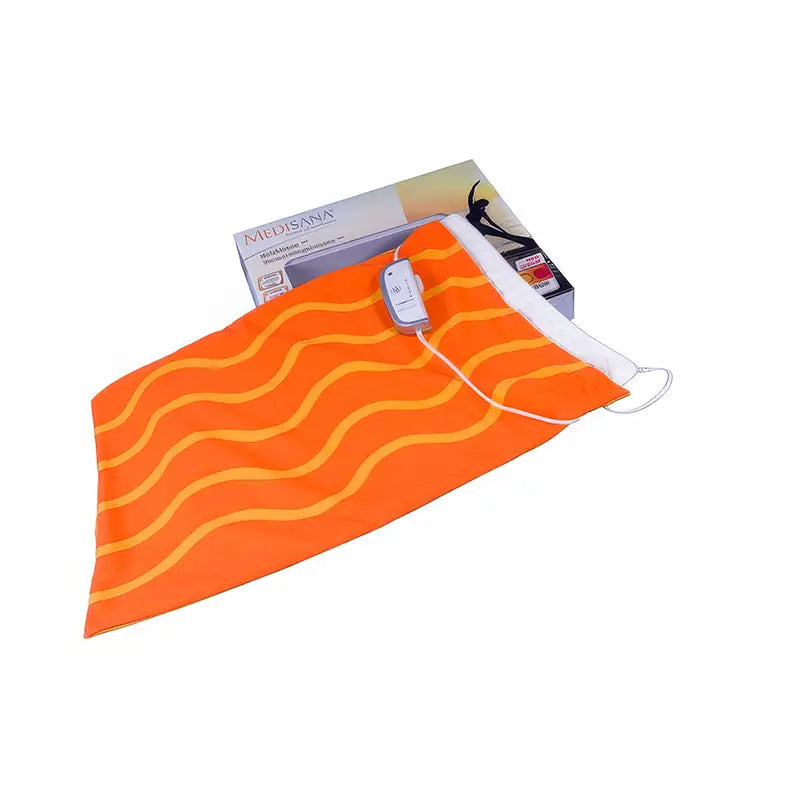 This image shows the MEDISANA-Wellness electric heating pad. The heating pad is bright orange with wavy yellow lines and comes with a white control unit attached by a cord. The control unit has buttons for adjusting the temperature. The product is displayed alongside its packaging, which features an image of a person stretching and emphasizes the product's benefits. The heating pad is designed for providing warmth and relief from muscle pain.