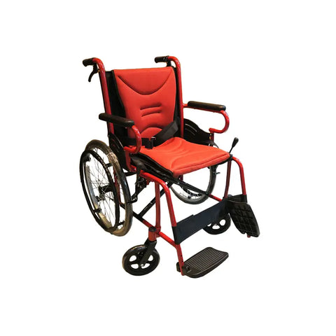  The wheelchair is predominantly red with black accents, featuring a padded seat and backrest for added comfort. It has large 20-inch rear wheels and smaller front wheels, providing stability and smooth movement. The wheelchair also includes adjustable footrests and armrests for user convenience, as well as safety belts for secure seating. 