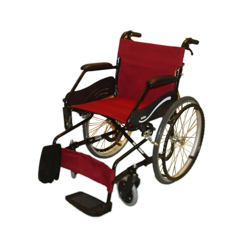 "Image of SOMA SM-150 lightweight aluminum wheelchair featuring a red seat and backrest, with black armrests and large rear wheels, designed for comfort, stability, and easy maneuverability for elderly and mobility-challenged users."