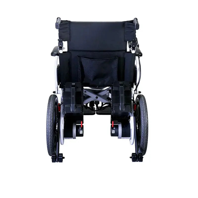 A rear view of a black motorized wheelchair with a high backrest and robust wheels, equipped with red safety brakes, a storage pouch, and adjustable back straps for customized support.