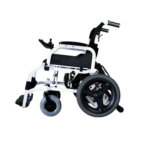 An image of a modern motorized wheelchair with black and grey coloring, featuring a prominent control joystick, large rear wheels, and a foldable footrest, designed for user autonomy and comfort.