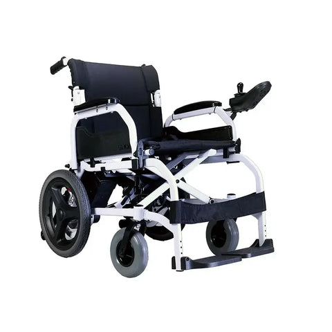 A side view of a black and white motorized wheelchair featuring large rear wheels, adjustable armrests, and a control panel on the armrest, designed for mobility and comfort.