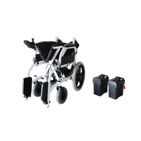 The image displays a side view of a compact, foldable electric wheelchair with a black seat and backrest, white frame, and two detachable batteries positioned to the side, showcasing its portability and ease of recharging.