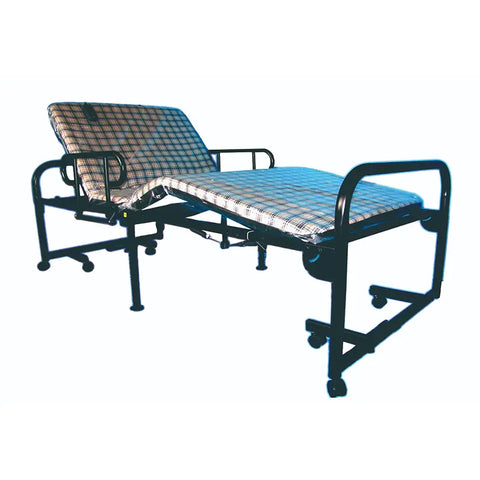 This bed features a sturdy black frame and is equipped with casters for easy mobility. The mattress has a checkered pattern and appears to be designed for comfort and durability. The bed's headrest can be adjusted to various angles to accommodate different medical needs or patient preferences. This type of bed is typically used in healthcare facilities such as hospitals and nursing homes, as well as in home care settings to provide patients with necessary support and comfort.