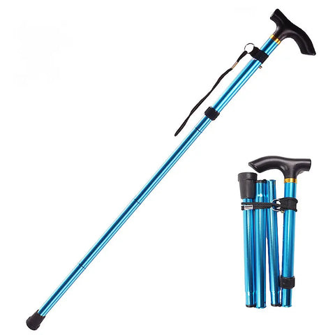 This image displays a telescopic walking stick, shown both extended and collapsed. The walking stick is metallic blue with black grips and features a wrist strap for added security. It is designed for adjustability and portability, making it ideal for hiking or everyday use by individuals needing mobility assistance. The compact, collapsible design allows for easy storage and transport.