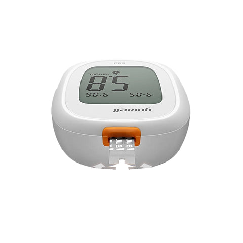 A Yuwell 582 blood glucose monitor displaying a reading of 8.5 mmol/L. The compact, white device features a large digital display and an orange button below the screen. A test strip is inserted into the bottom of the monitor. The overall design is sleek and modern, with the Yuwell logo visible on the front.