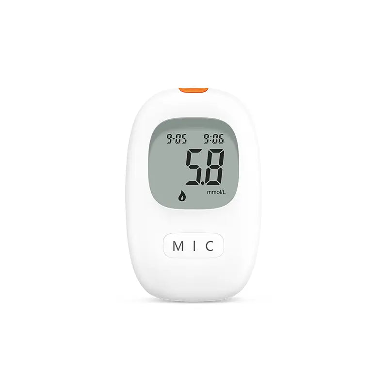 Compact white YUWELL digital blood glucose meter displaying a reading of 5.9 mmol/L on a simple grey LCD screen, with a prominent orange 'MIC' button and measurement indicators.