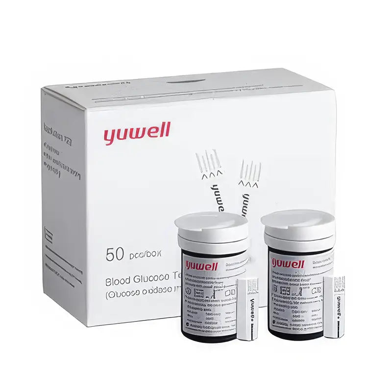 A Yuwell blood glucose test kit featuring a white box labeled "50 pcs/box" and two smaller white containers for test strips. The box displays the Yuwell logo in red and illustrations of test strips. The containers are also branded with Yuwell and include detailed usage instructions. One test strip is partially pulled out from each container, showcasing the Yuwell branding. The setup is intended for blood glucose monitoring.
