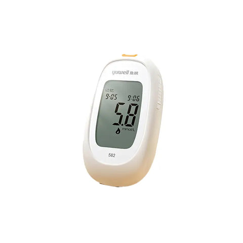 A Yuwell 582 blood glucose monitor displaying a reading of 5.8 mmol/L on its screen. The device is white with a simple, clean design, featuring a large digital display for easy readability.