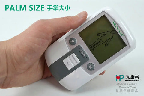 A palm-sized Medisana TDP pain relief device held in hand, showcasing its compact and portable design. The device features a display and buttons for easy operation, ideal for on-the-go use.