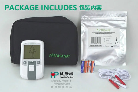 The Medisana TDP package contents, including the TENS unit, a carrying case, batteries, reusable electrode pads, and cables. The device is compact and comes with all necessary accessories for pain relief and muscle stimulation.