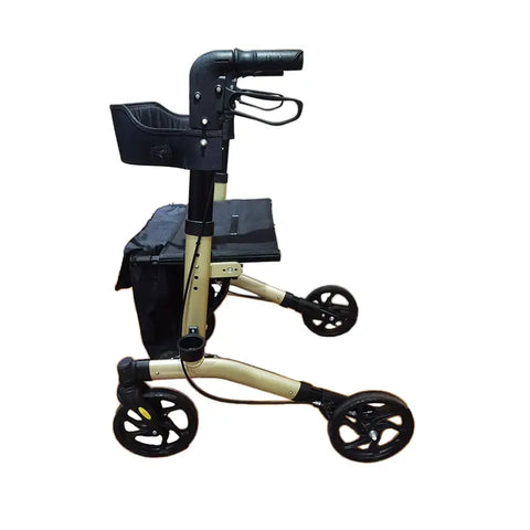 foldable walking aid or rollator, primarily designed for individuals who need support while walking. This mobility aid features an adjustable handlebar, a padded seat, and a storage bag beneath the seat for convenience. It is equipped with four large wheels suitable for smooth maneuverability over various terrains. The frame is beige and black, creating a neutral color scheme that enhances its visual appeal. 