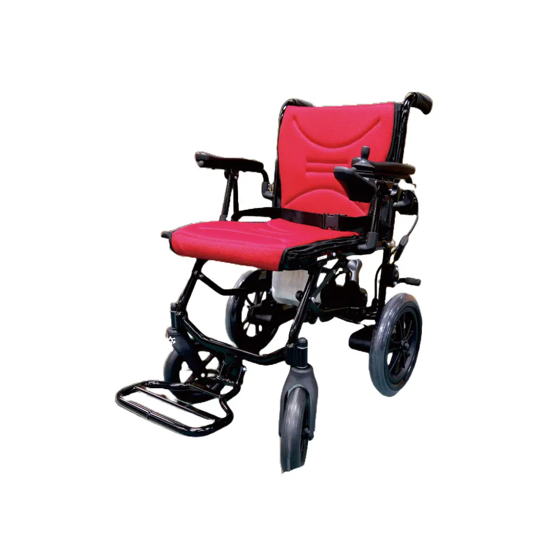 This image shows the Masar Ma-26 electric wheelchair. The wheelchair features a vibrant red seat with a black frame, designed for both comfort and durability. It includes armrests and a footrest for added support. The wheelchair is equipped with a dual-control system, allowing both the user and a caregiver to operate it, ensuring flexibility and convenience. The lightweight design and sturdy construction make it ideal for daily use.