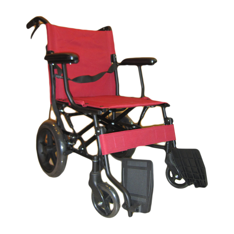 A red Masar MA-34 wheelchair with a lightweight alloy frame, black tires, and footrests, showcasing its compact design for portability and comfort.