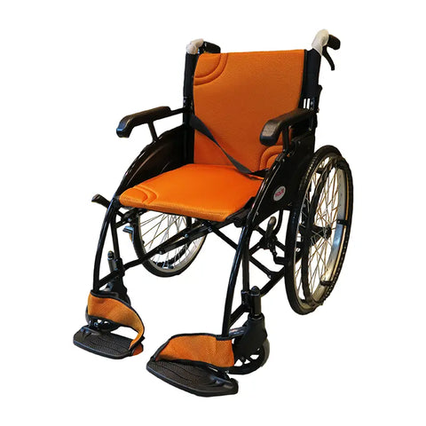 It features a vibrant orange seat and backrest, which provides a striking contrast to its black metal frame. The wheelchair is equipped with large rear wheels and smaller front casters that enhance maneuverability. It includes adjustable footrests and armrests for added comfort, as well as safety belts for security.