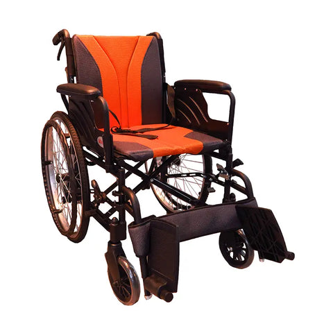  It features a sturdy black metal frame paired with vibrant orange seat and backrest cushions for a striking visual contrast. The wheelchair is equipped with large rear wheels and smaller front wheels for smooth maneuverability, as well as padded armrests for additional comfort. Notably, it includes safety features such as seat belts and a large footplate for secure footing. The design is both functional and aesthetically pleasing, suitable for users seeking a reliable mobility aid.