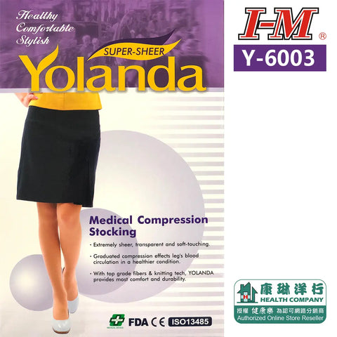 Yolanda medical compression stockings packaging, featuring extremely sheer and soft-touch material, FDA and ISO13485 certified for effective leg blood circulation.